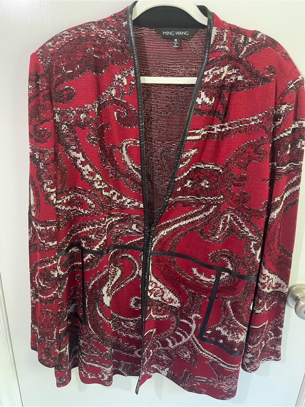 Ming Wang Red and Black Swirl Open-Front Jacket, like new,transitional wear.